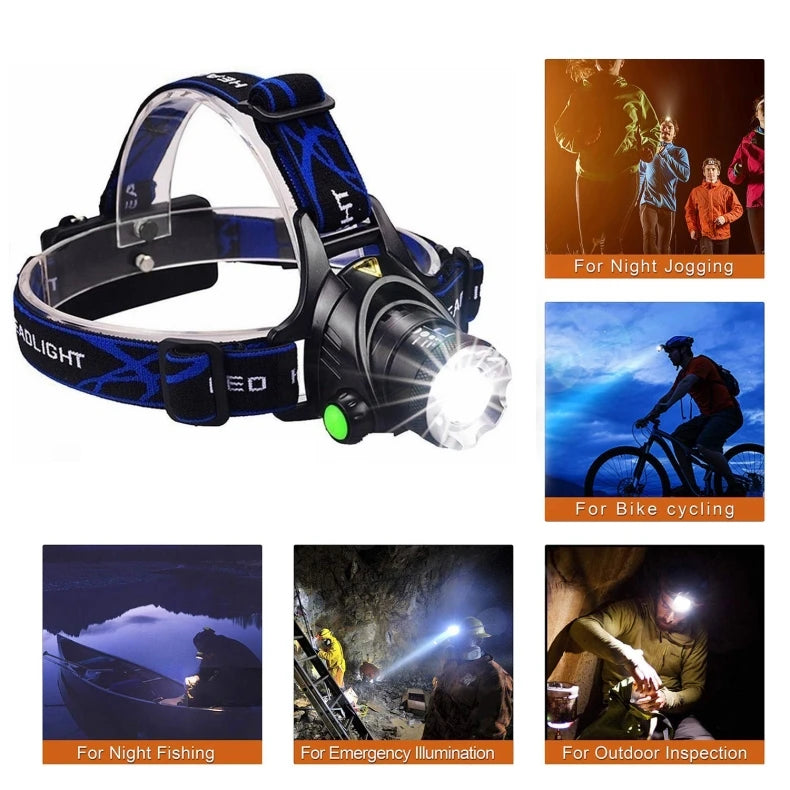 LED Headlight Zoomable Headlamp DC Rechargeable Head Lamp Waterproof Head Flashlight 18650 for Emergency Camping Hiking