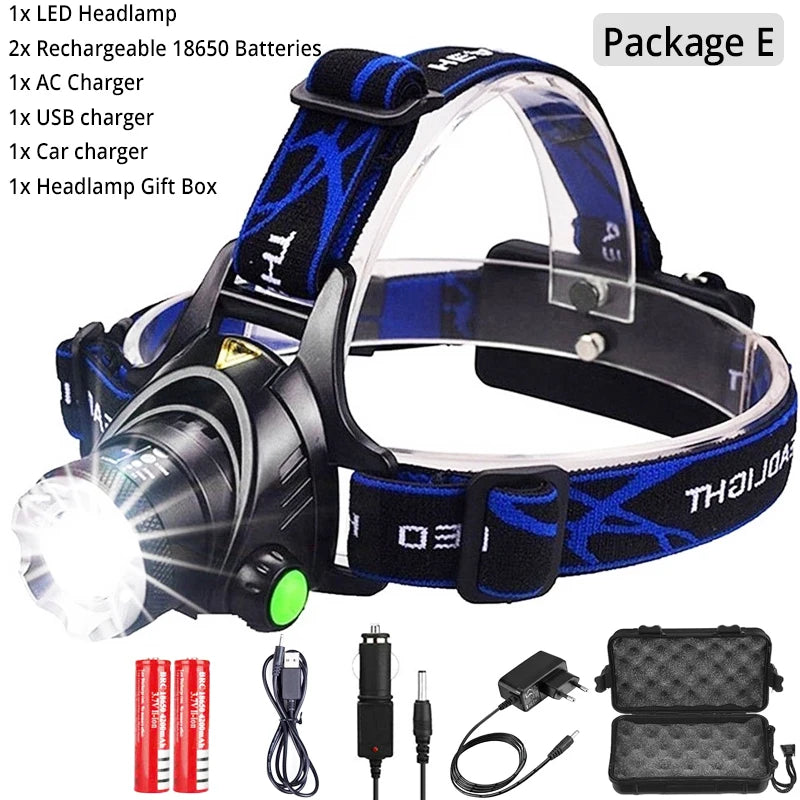 LED Headlight Zoomable Headlamp DC Rechargeable Head Lamp Waterproof Head Flashlight 18650 for Emergency Camping Hiking