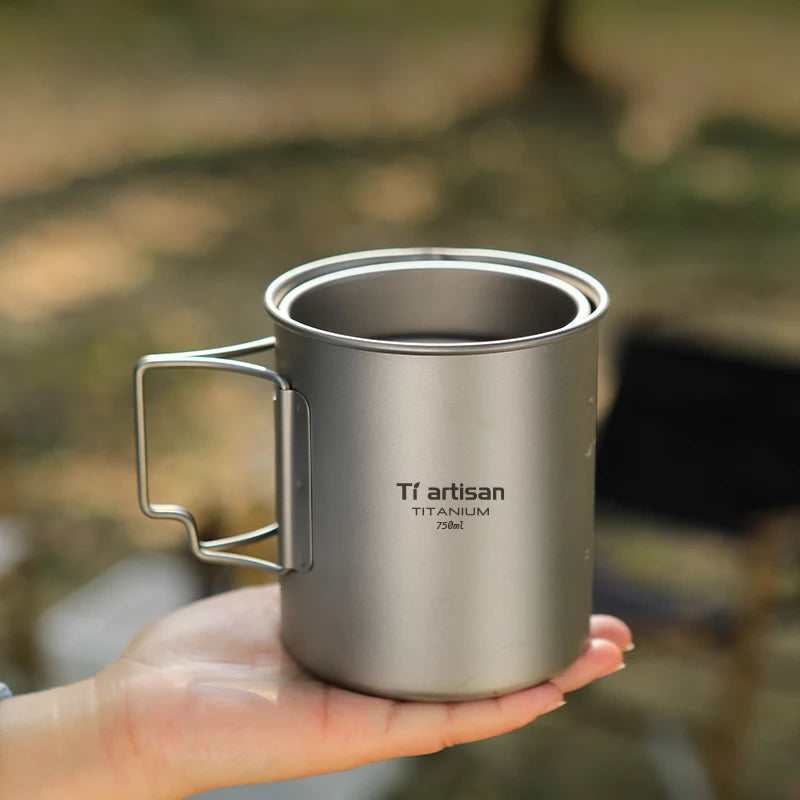 Tiartisan Outdoor Titanium Lightweight Portable Tea Coffee Cup Folding Handle Camping Water Mug for Hiking Travelling