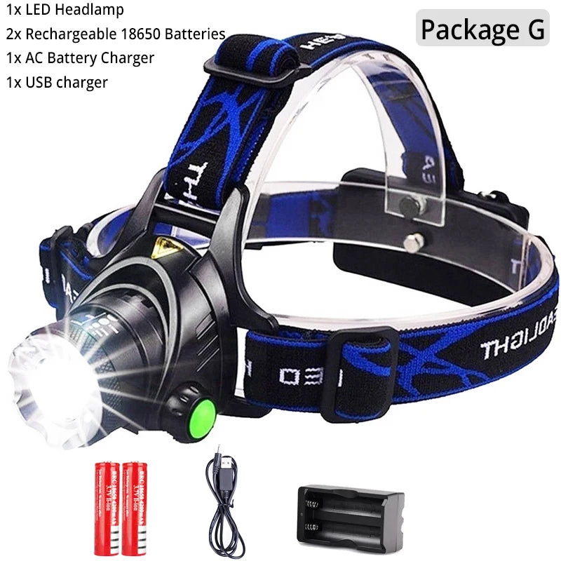 LED Headlight Zoomable Headlamp DC Rechargeable Head Lamp Waterproof Head Flashlight 18650 for Emergency Camping Hiking