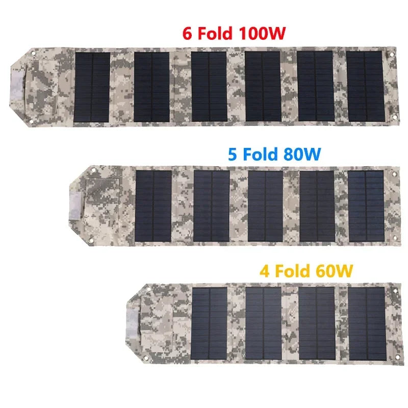 Folding Solar Panel 60W/80W/100W USB 5V Solar Charger Portable Solar Battery Power Bank for Outdoor Camping Hiking + Cable