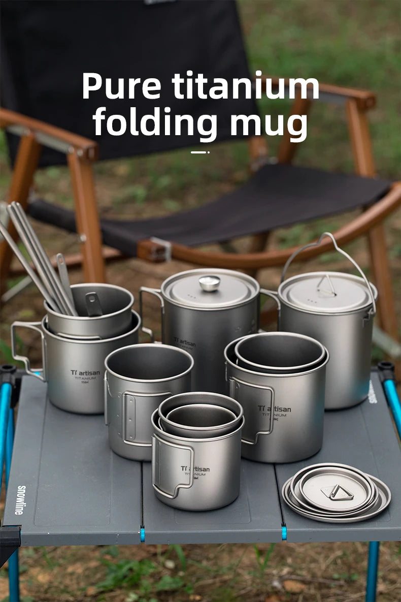 Tiartisan Outdoor Titanium Lightweight Portable Tea Coffee Cup Folding Handle Camping Water Mug for Hiking Travelling