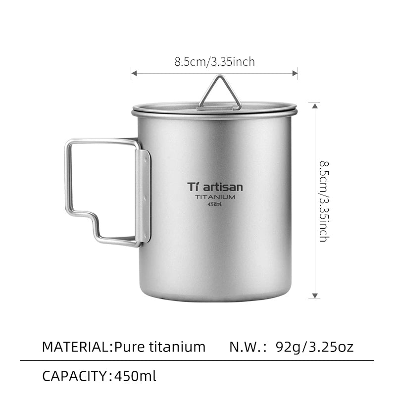 Tiartisan Outdoor Titanium Lightweight Portable Tea Coffee Cup Folding Handle Camping Water Mug for Hiking Travelling
