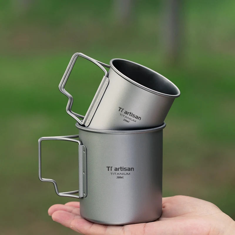 Tiartisan Outdoor Titanium Lightweight Portable Tea Coffee Cup Folding Handle Camping Water Mug for Hiking Travelling