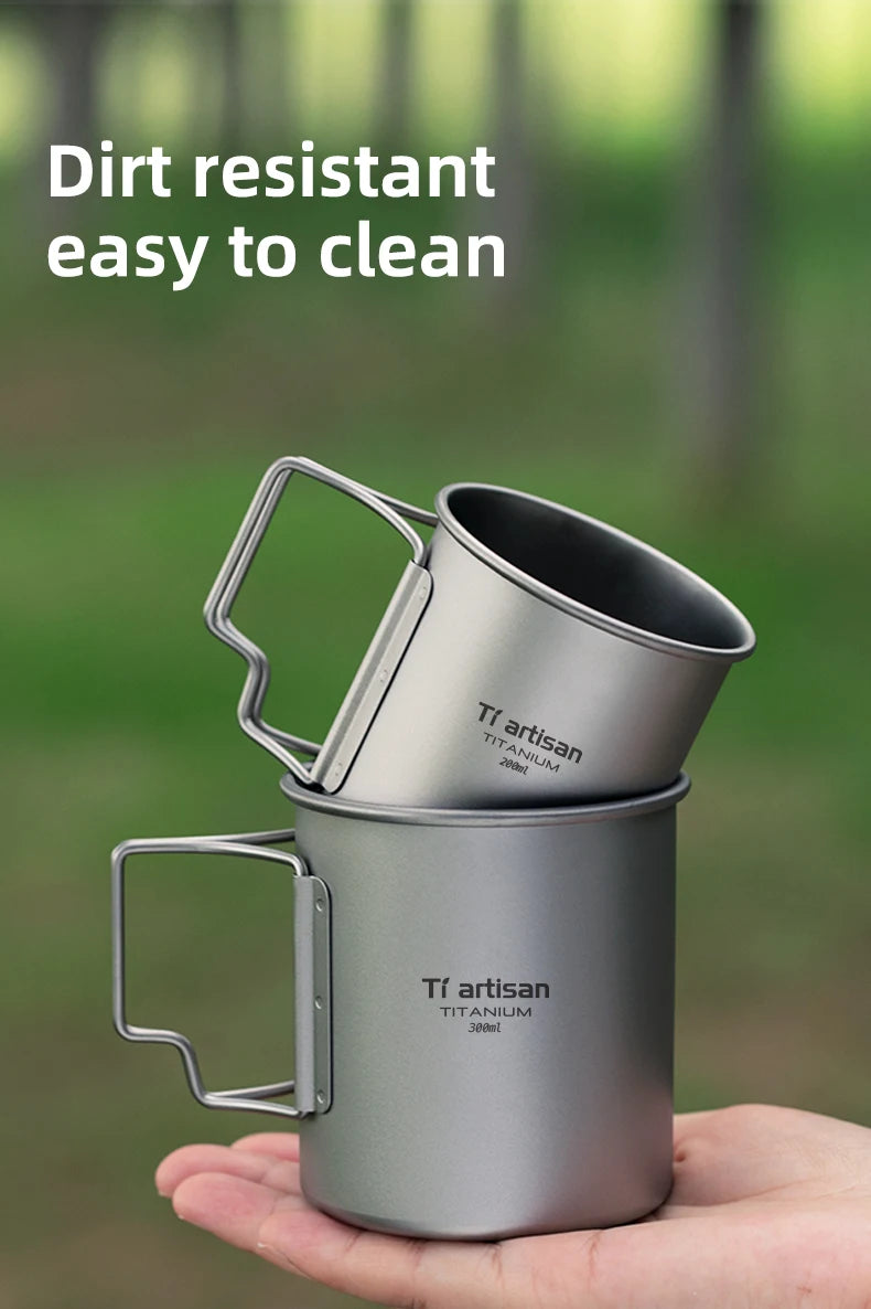 Tiartisan Outdoor Titanium Lightweight Portable Tea Coffee Cup Folding Handle Camping Water Mug for Hiking Travelling