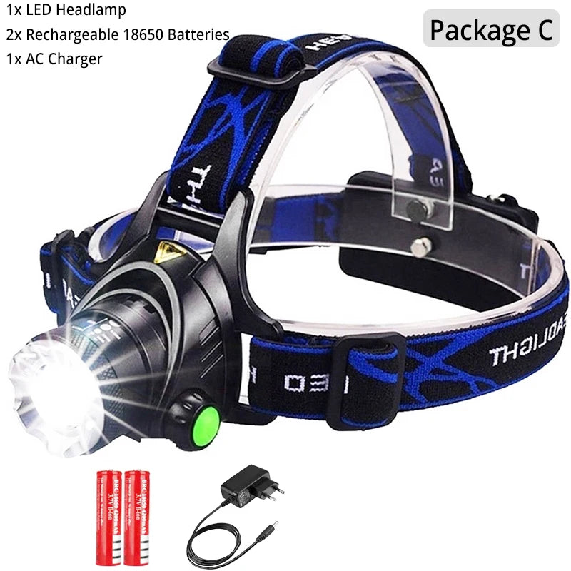 LED Headlight Zoomable Headlamp DC Rechargeable Head Lamp Waterproof Head Flashlight 18650 for Emergency Camping Hiking