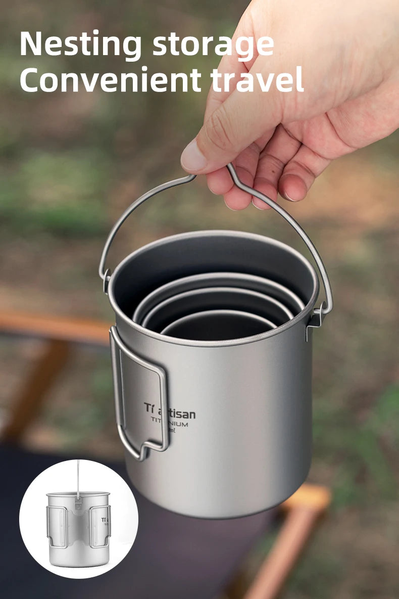 Tiartisan Outdoor Titanium Lightweight Portable Tea Coffee Cup Folding Handle Camping Water Mug for Hiking Travelling